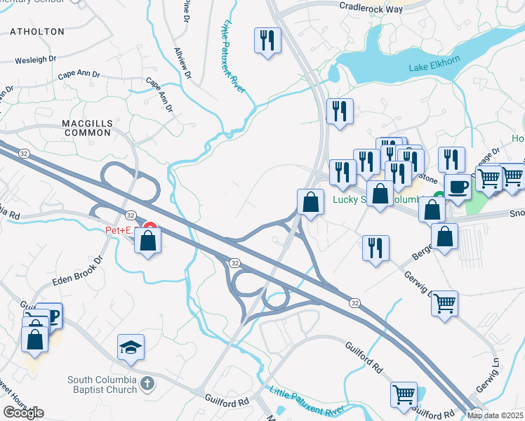 map of restaurants, bars, coffee shops, grocery stores, and more near 9755 Patuxent Woods Drive in Columbia