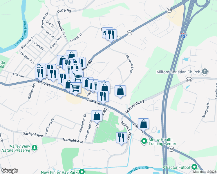 map of restaurants, bars, coffee shops, grocery stores, and more near 901 Mohawk Trail in Milford