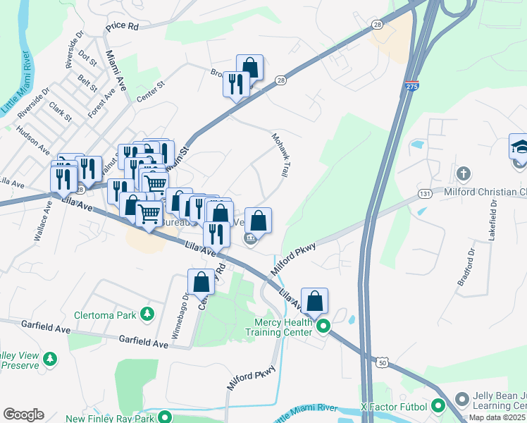 map of restaurants, bars, coffee shops, grocery stores, and more near 913 Mohawk Trail in Milford