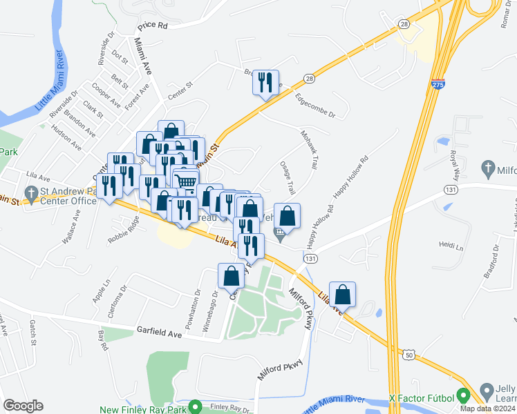 map of restaurants, bars, coffee shops, grocery stores, and more near 901 Mohawk Trail in Milford