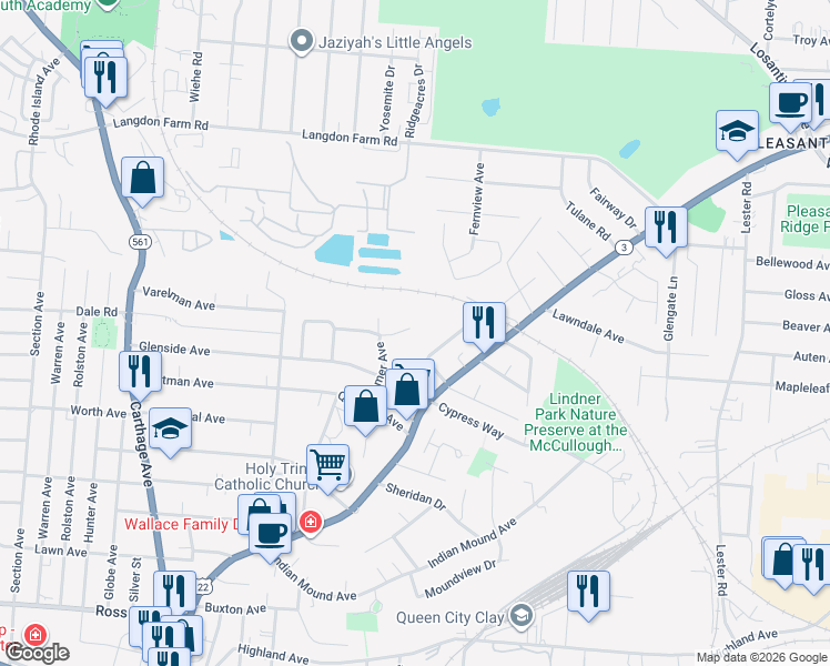 map of restaurants, bars, coffee shops, grocery stores, and more near 5517 Bosworth Place in Cincinnati