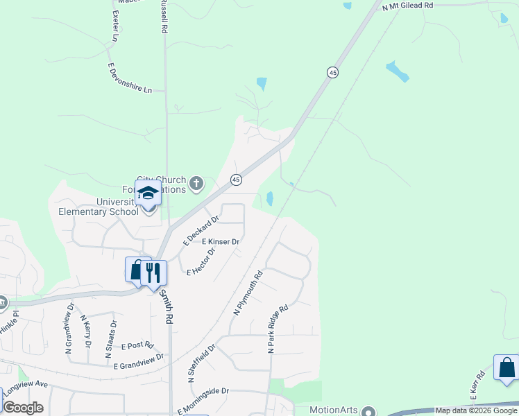 map of restaurants, bars, coffee shops, grocery stores, and more near 4500-4598 E Stephens Dr in Bloomington