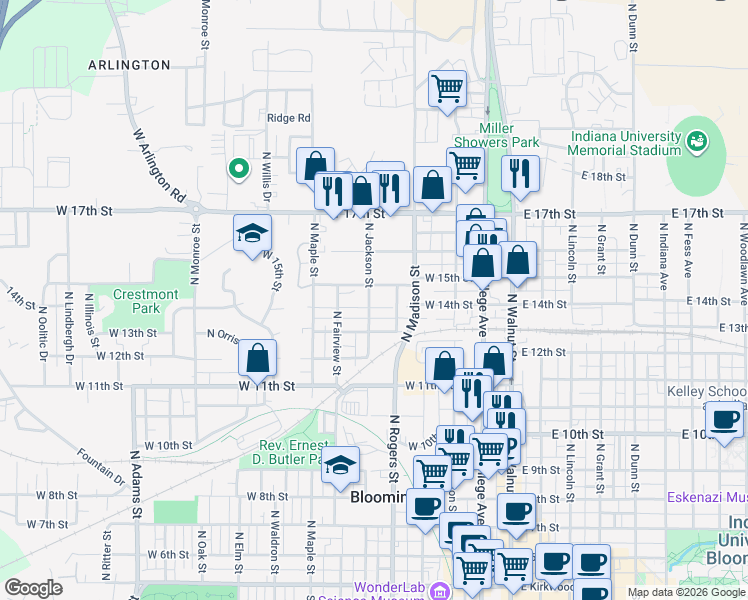map of restaurants, bars, coffee shops, grocery stores, and more near 914 North Jackson Street in Bloomington