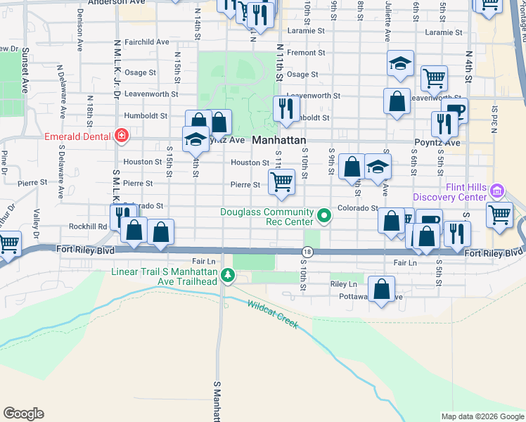 map of restaurants, bars, coffee shops, grocery stores, and more near 1117 Colorado Street in Manhattan