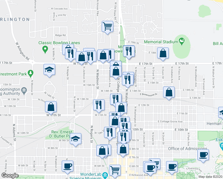 map of restaurants, bars, coffee shops, grocery stores, and more near 220 West 14th Street in Bloomington