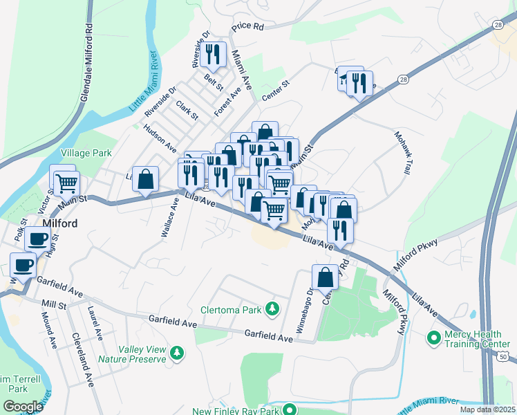 map of restaurants, bars, coffee shops, grocery stores, and more near 824 Main Street in Milford