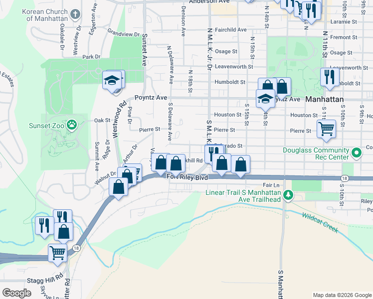 map of restaurants, bars, coffee shops, grocery stores, and more near 1802 Rockhill Road in Manhattan