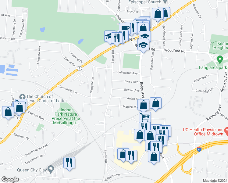 map of restaurants, bars, coffee shops, grocery stores, and more near 3007 Beaver Avenue in Cincinnati