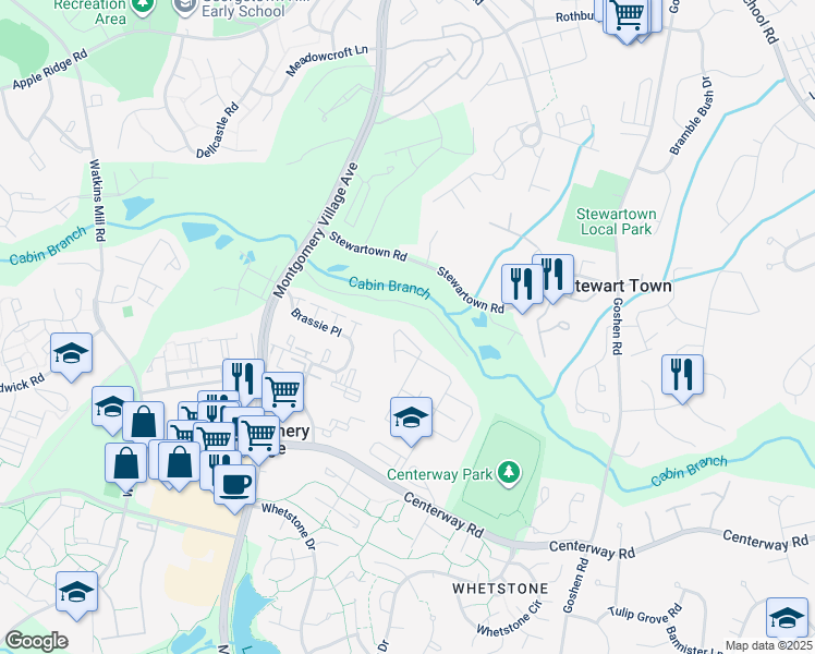 map of restaurants, bars, coffee shops, grocery stores, and more near 19537 Transhire Road in Gaithersburg