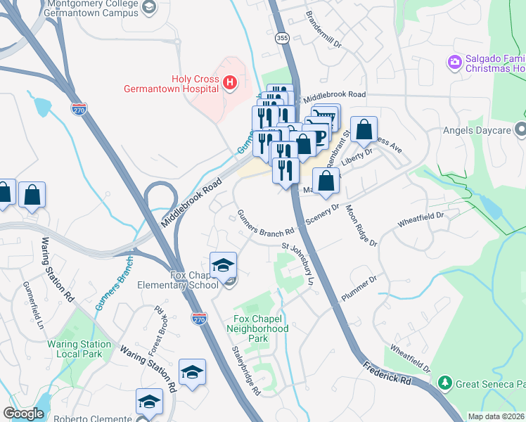 map of restaurants, bars, coffee shops, grocery stores, and more near 19509 Gunners Branch Road in Germantown