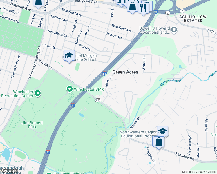 map of restaurants, bars, coffee shops, grocery stores, and more near 145 Wilkins Drive in Winchester