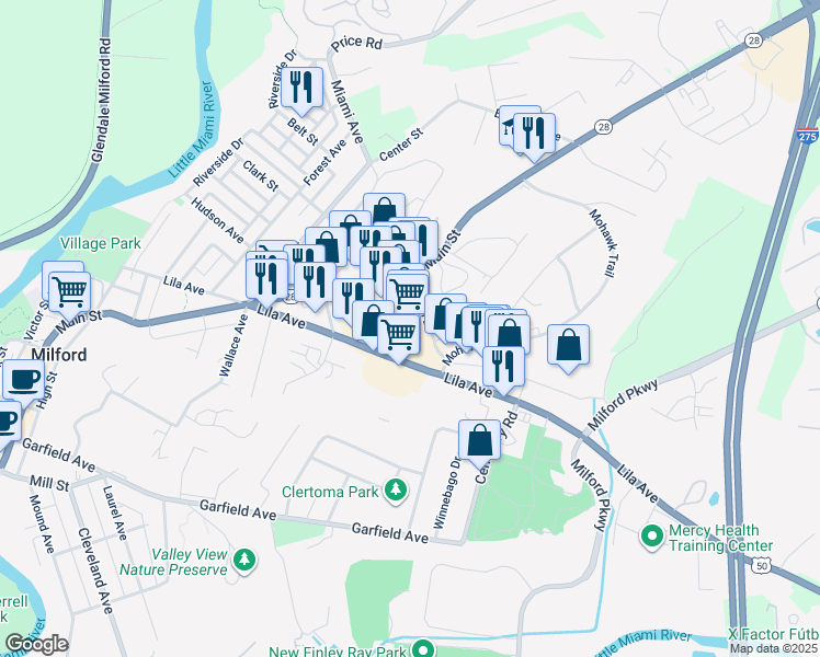 map of restaurants, bars, coffee shops, grocery stores, and more near 824 Main Street in Milford