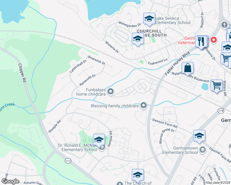 map of restaurants, bars, coffee shops, grocery stores, and more near 13951 Lullaby Road in Germantown
