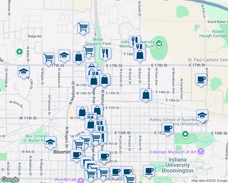 map of restaurants, bars, coffee shops, grocery stores, and more near 205 East 14th Street in Bloomington