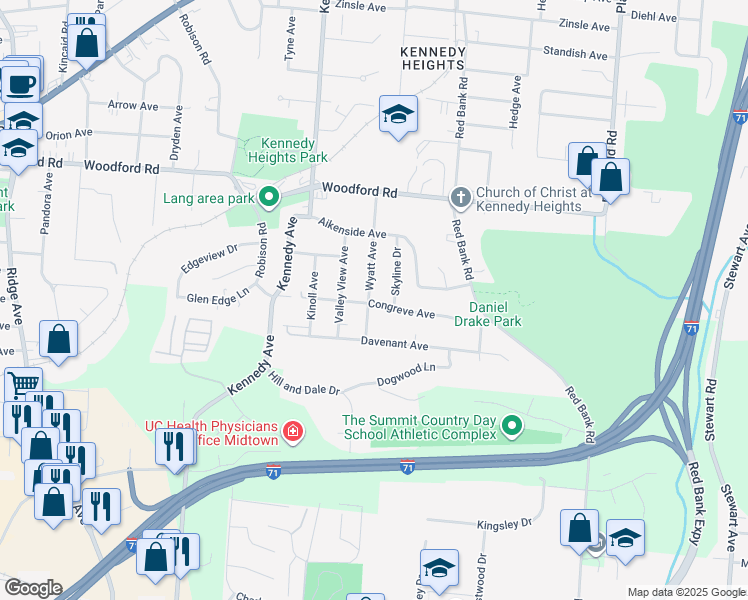 map of restaurants, bars, coffee shops, grocery stores, and more near 5719 Wyatt Avenue in Cincinnati