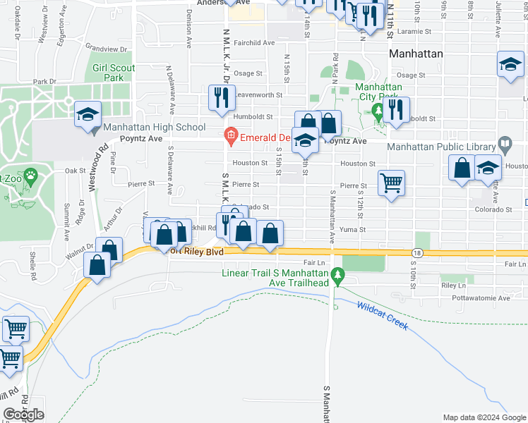 map of restaurants, bars, coffee shops, grocery stores, and more near 1519 Colorado Street in Manhattan