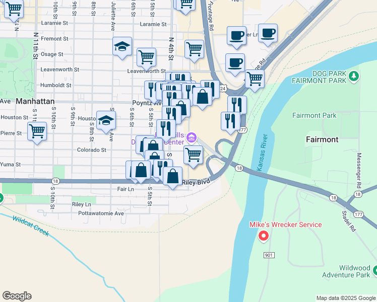 map of restaurants, bars, coffee shops, grocery stores, and more near Colorado St & S 3rd St in Manhattan