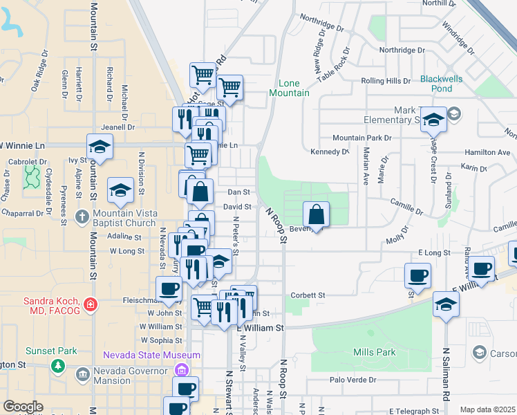 map of restaurants, bars, coffee shops, grocery stores, and more near 1908 North Stewart Street in Carson City