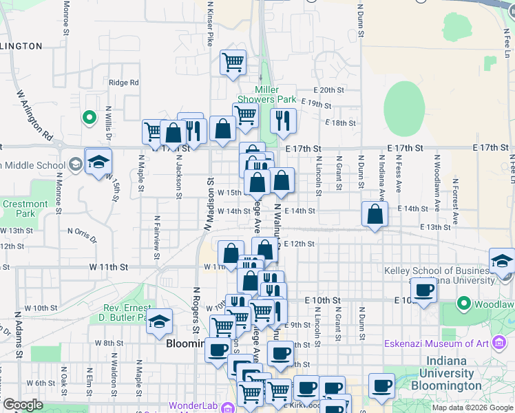 map of restaurants, bars, coffee shops, grocery stores, and more near in Bloomington
