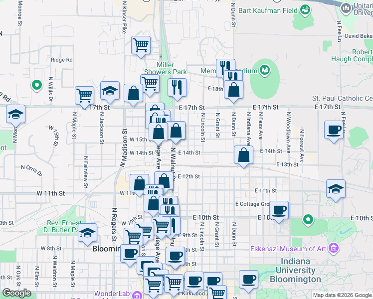 map of restaurants, bars, coffee shops, grocery stores, and more near 228 East Brownstone Drive in Bloomington