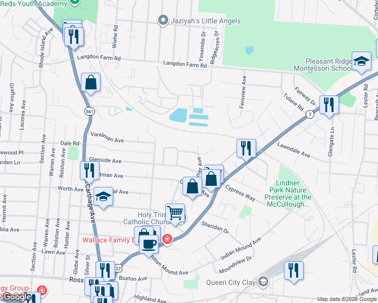 map of restaurants, bars, coffee shops, grocery stores, and more near 2340 Glenside Avenue in Cincinnati