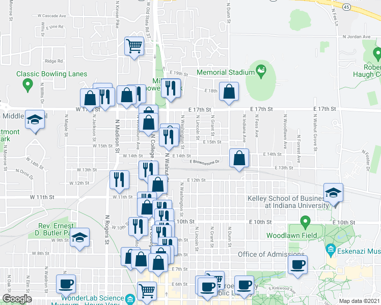 map of restaurants, bars, coffee shops, grocery stores, and more near 228 East Brownstone Drive in Bloomington
