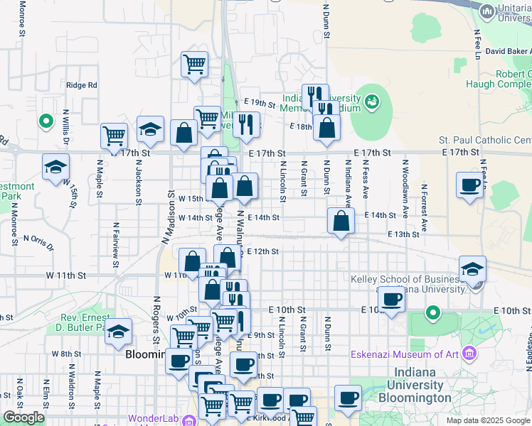 map of restaurants, bars, coffee shops, grocery stores, and more near 228 East Brownstone Drive in Bloomington