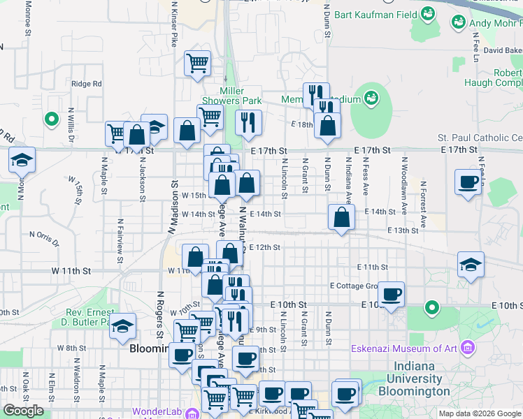 map of restaurants, bars, coffee shops, grocery stores, and more near 228 East Brownstone Drive in Bloomington