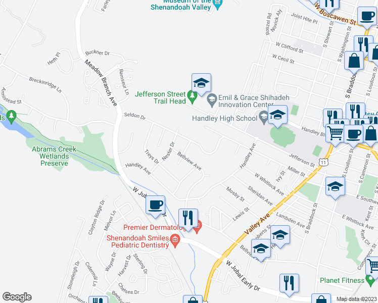 map of restaurants, bars, coffee shops, grocery stores, and more near 1524 Moffett Drive in Winchester