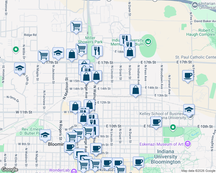 map of restaurants, bars, coffee shops, grocery stores, and more near 228 East Brownstone Drive in Bloomington
