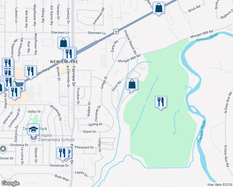 map of restaurants, bars, coffee shops, grocery stores, and more near 1819 Divot Road in Carson City