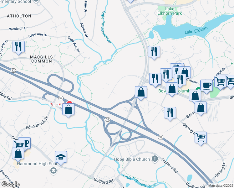 map of restaurants, bars, coffee shops, grocery stores, and more near 9755 Patuxent Woods Drive in Columbia