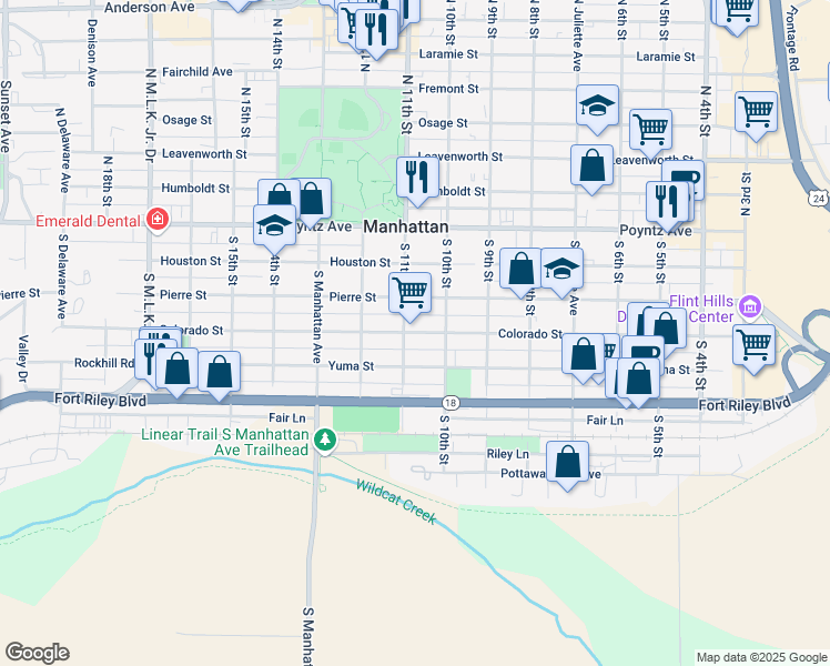 map of restaurants, bars, coffee shops, grocery stores, and more near 1025 Colorado Street in Manhattan