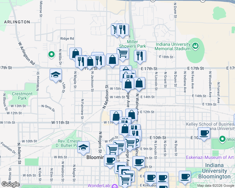 map of restaurants, bars, coffee shops, grocery stores, and more near 1101 North Woodburn Avenue in Bloomington