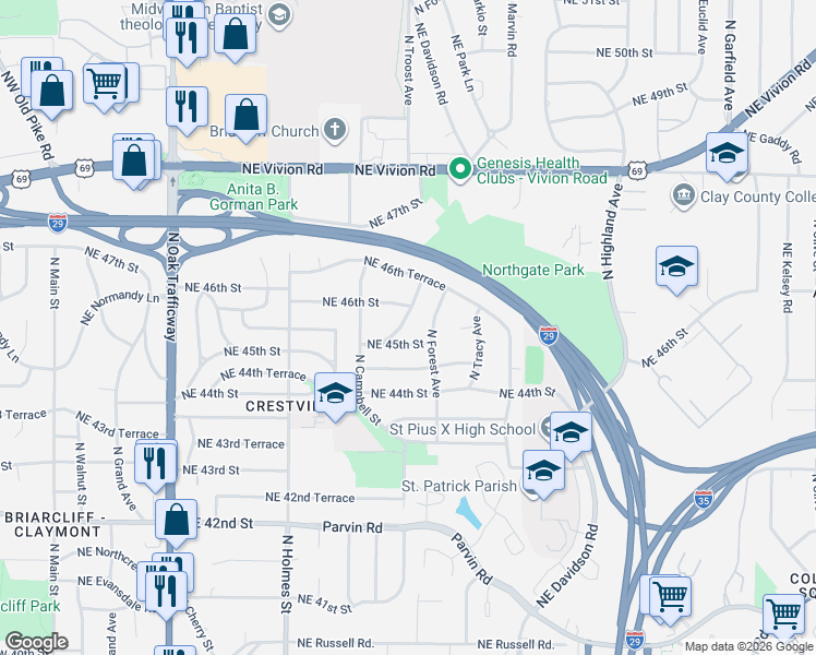 map of restaurants, bars, coffee shops, grocery stores, and more near 4606 North Troost Avenue in Kansas City