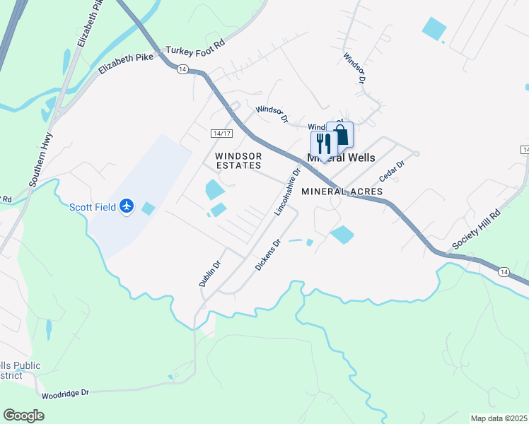 map of restaurants, bars, coffee shops, grocery stores, and more near Stoops Road in Mineral Wells