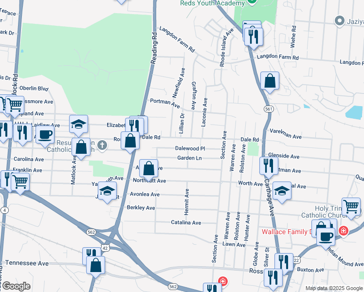 map of restaurants, bars, coffee shops, grocery stores, and more near 5003 Grafton Avenue in Cincinnati