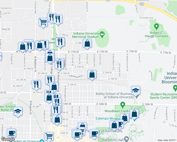 map of restaurants, bars, coffee shops, grocery stores, and more near 512 East 15th Street in Bloomington
