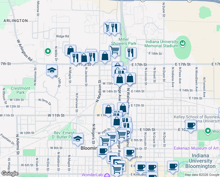 map of restaurants, bars, coffee shops, grocery stores, and more near 1101 North Woodburn Avenue in Bloomington