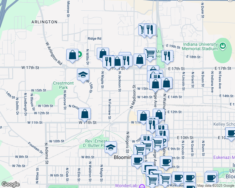map of restaurants, bars, coffee shops, grocery stores, and more near 1014 North Jackson Street in Bloomington