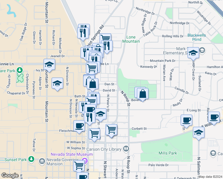 map of restaurants, bars, coffee shops, grocery stores, and more near 310 David Street in Carson City