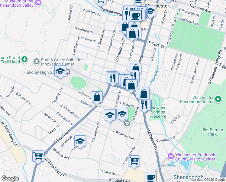 map of restaurants, bars, coffee shops, grocery stores, and more near 21 Valley Avenue in Winchester