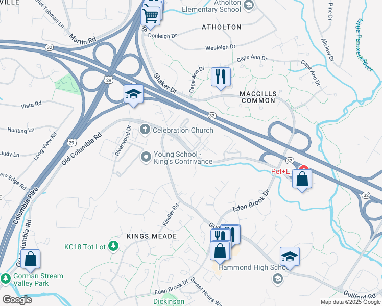 map of restaurants, bars, coffee shops, grocery stores, and more near Columbia Road in Columbia