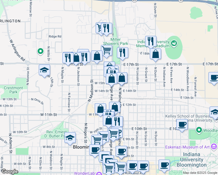 map of restaurants, bars, coffee shops, grocery stores, and more near 1101 North College Avenue in Bloomington