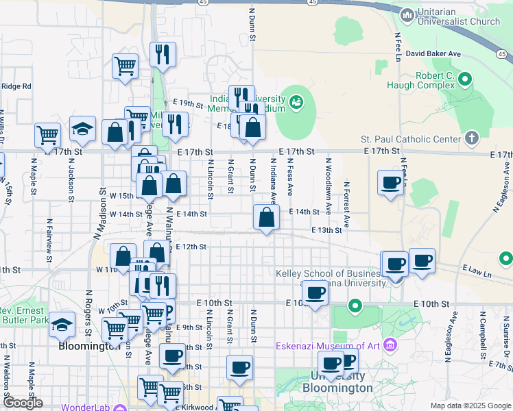 map of restaurants, bars, coffee shops, grocery stores, and more near 511 East 14th Street in Bloomington