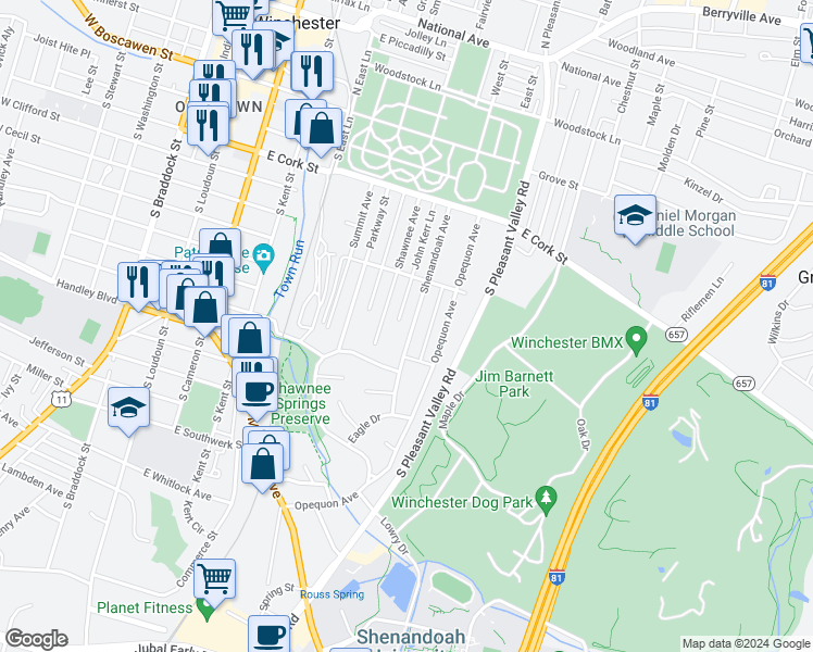 map of restaurants, bars, coffee shops, grocery stores, and more near 347 Shenandoah Avenue in Winchester