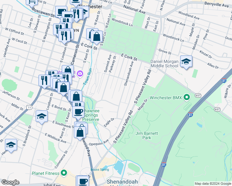 map of restaurants, bars, coffee shops, grocery stores, and more near 356 Shawnee Avenue in Winchester
