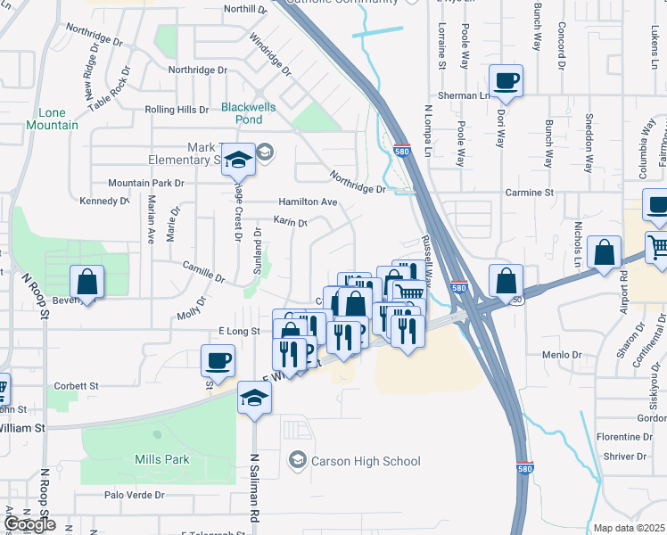 map of restaurants, bars, coffee shops, grocery stores, and more near 19 Bodie Drive in Carson City