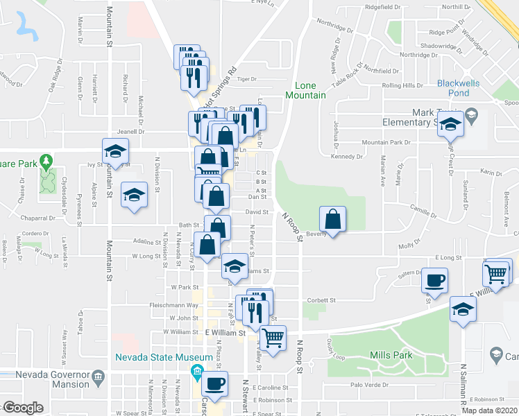 map of restaurants, bars, coffee shops, grocery stores, and more near 321 Dan Street in Carson City