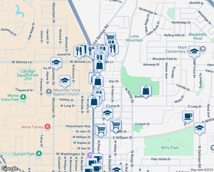 map of restaurants, bars, coffee shops, grocery stores, and more near 221 Dan Street in Carson City